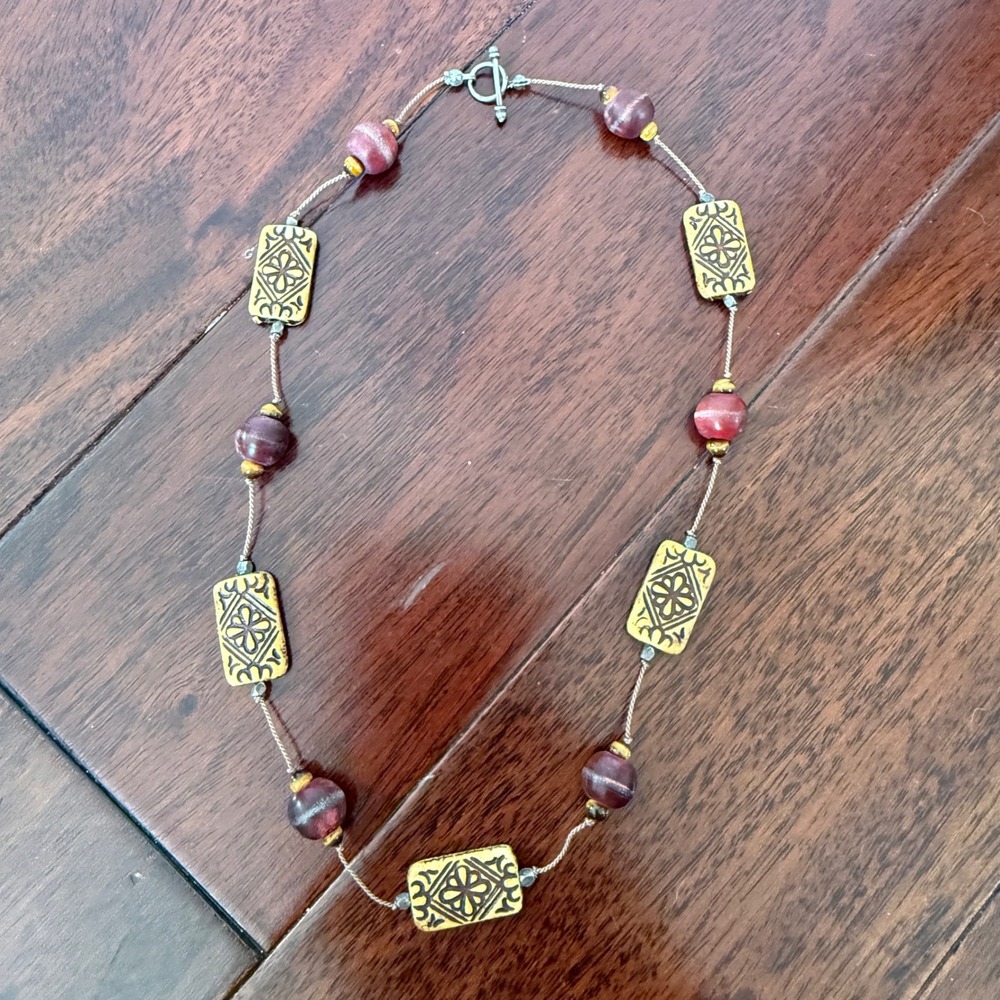 South African Beaded Necklace Burgundy Gold Tribal Artisan Boho Jewelry Toggle